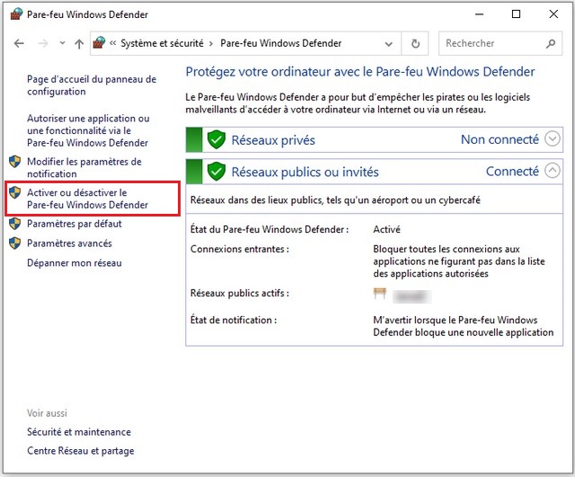 Activer ou désactiver le pare-feu Windows Defender