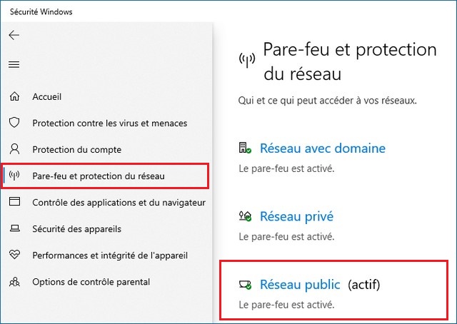 Choisissez le réseau pour désactiver le pare-feu