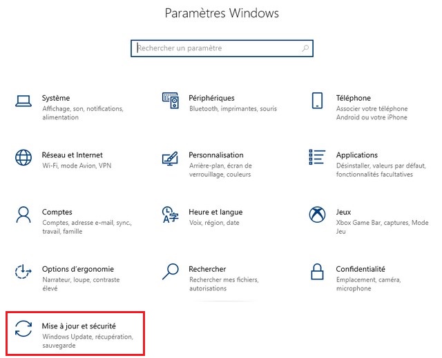 Cliquez sur Mise à jour et sécurité