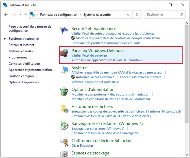 Cliquez sur Pare-feu Windows Defender