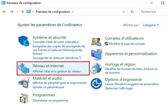 Cliquez sur Réseau et Internet