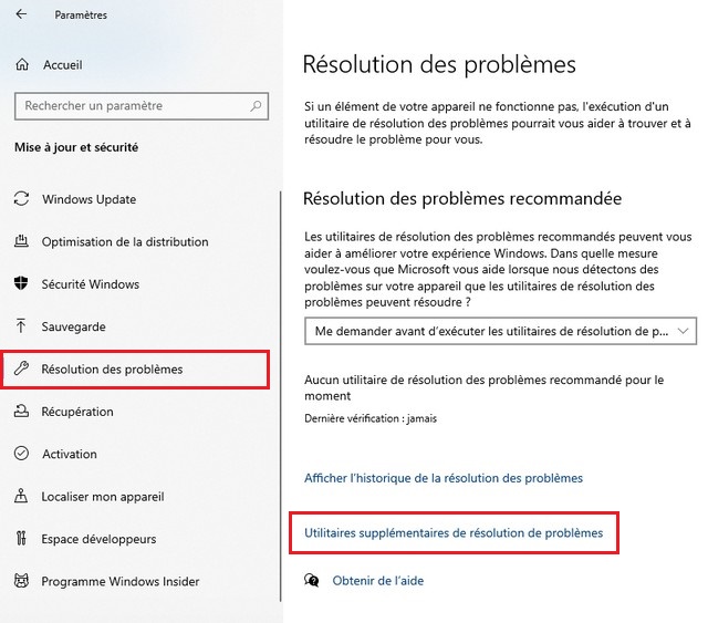 Cliquez sur Résolution des problèmes
