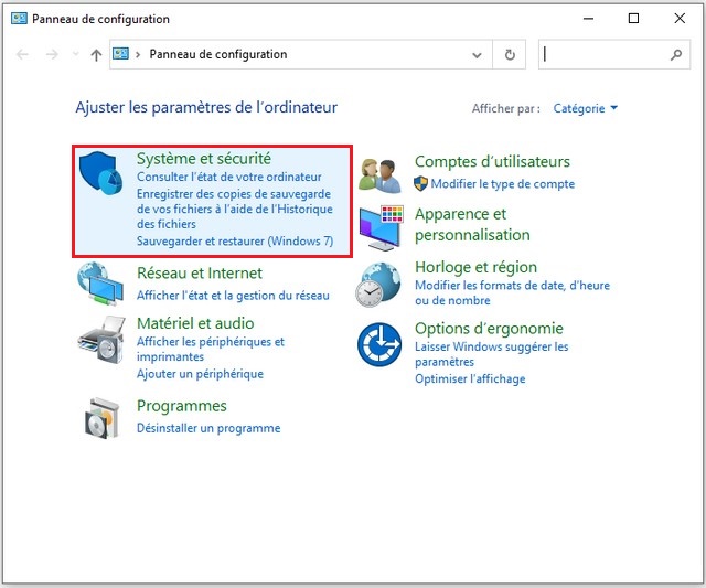Cliquez sur Système et sécurité
