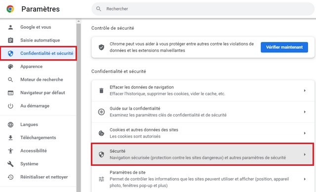 Cliquez sur l'option Sécurité