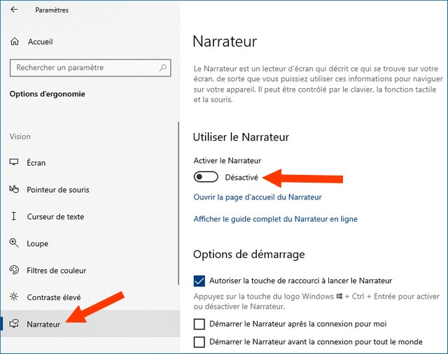 Désactiver le narrateur dans Windows 10