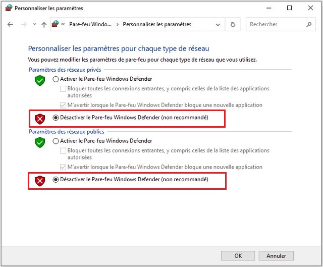 Désactiver le pare-feu à partir du Panneau de configuration