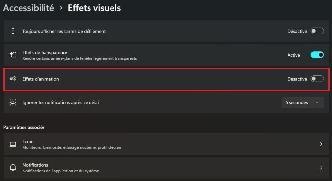Désactiver les effets visuels sur Windows 11
