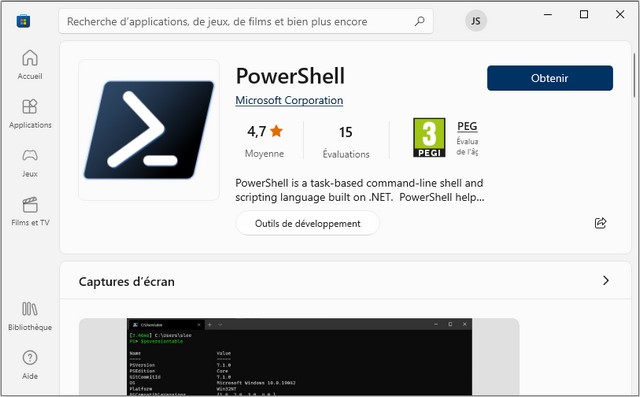 Installer PowerShell à l'aide de Microsoft Store