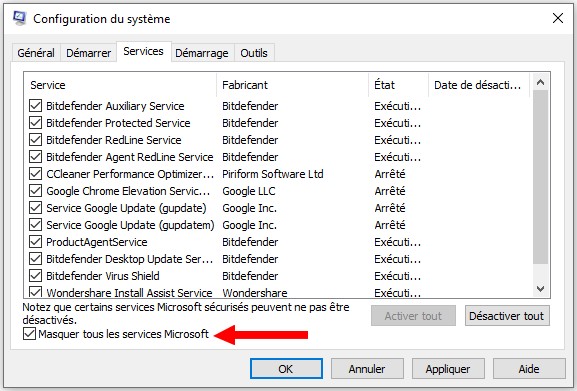 Masquer tous les services Microsoft