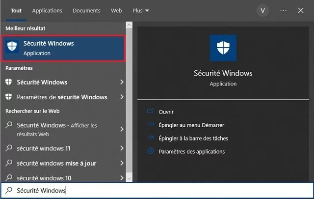 Recherchez Sécurité Windows