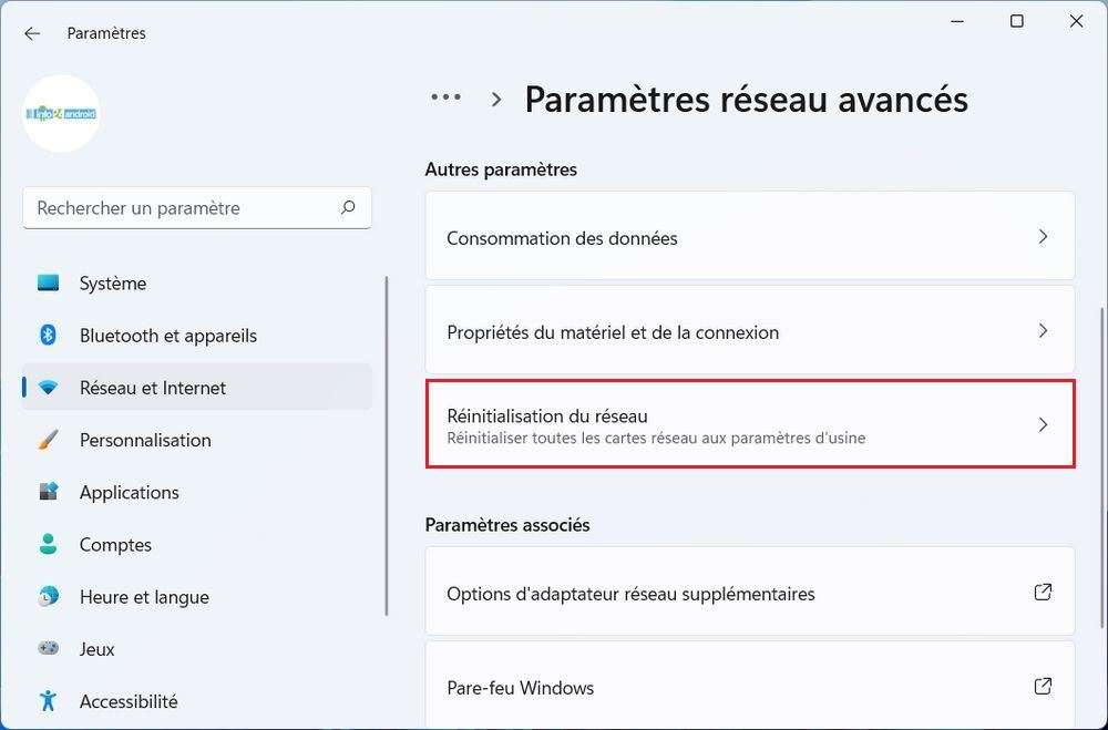 Réinitialisation du réseau Windows 11