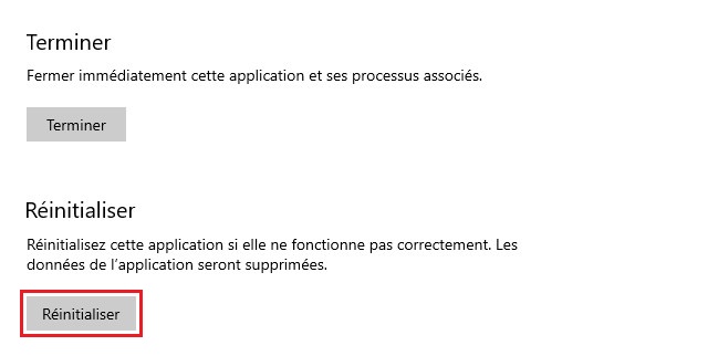Réinitialiser application Paramètres de Windows 10