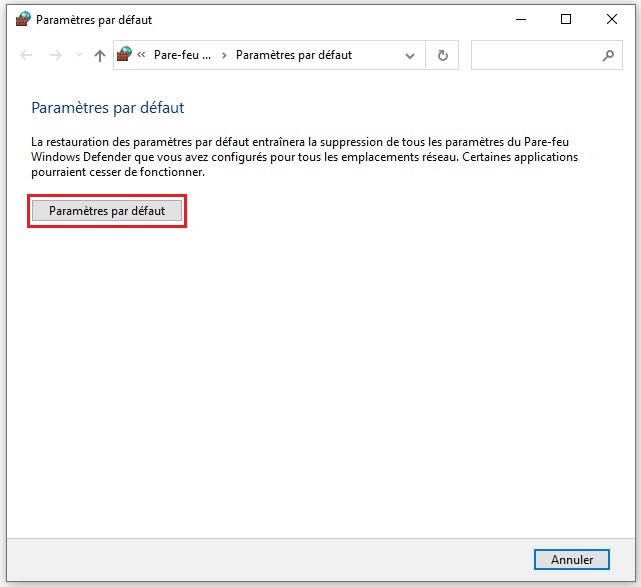 Réinitialiser le pare-feu intégré sur Windows 10