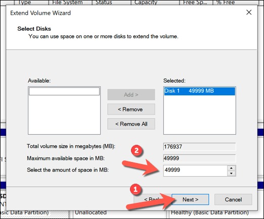 Sélectionner la quantité d'espace en Mo