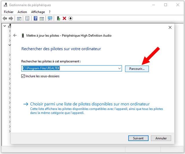 Sélectionner l'emplacement du pilote audio