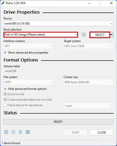 Sélectionnez Disque ou image ISO