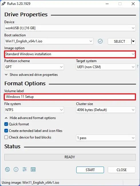 Sélectionnez Installation standard de Windows 11