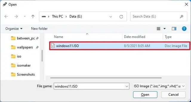 Sélectionnez fichier ISO Windows 11