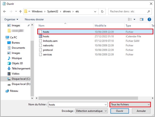 Sélectionnez le fichier Hosts