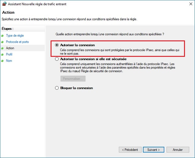 Sélectionnez l'option Autoriser la connexion