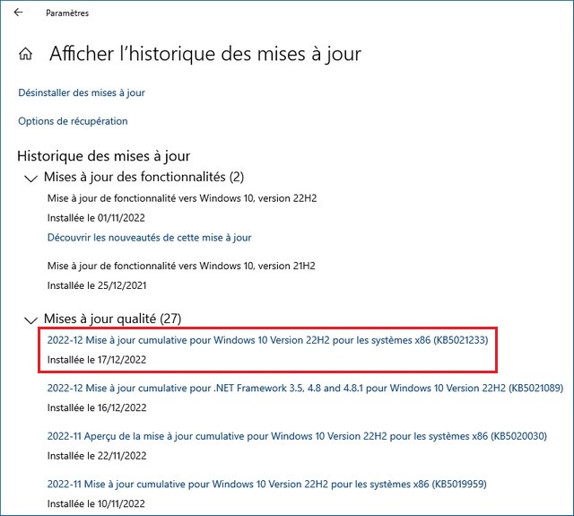 Afficher l'historique des mises à jour de Windows 10