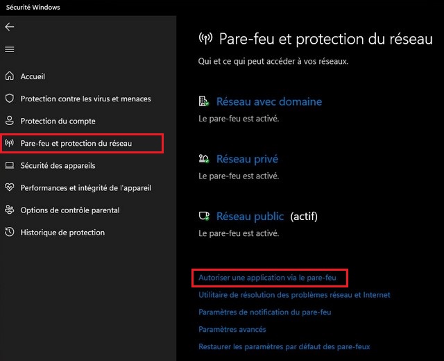 Autoriser une application via le pare-feu