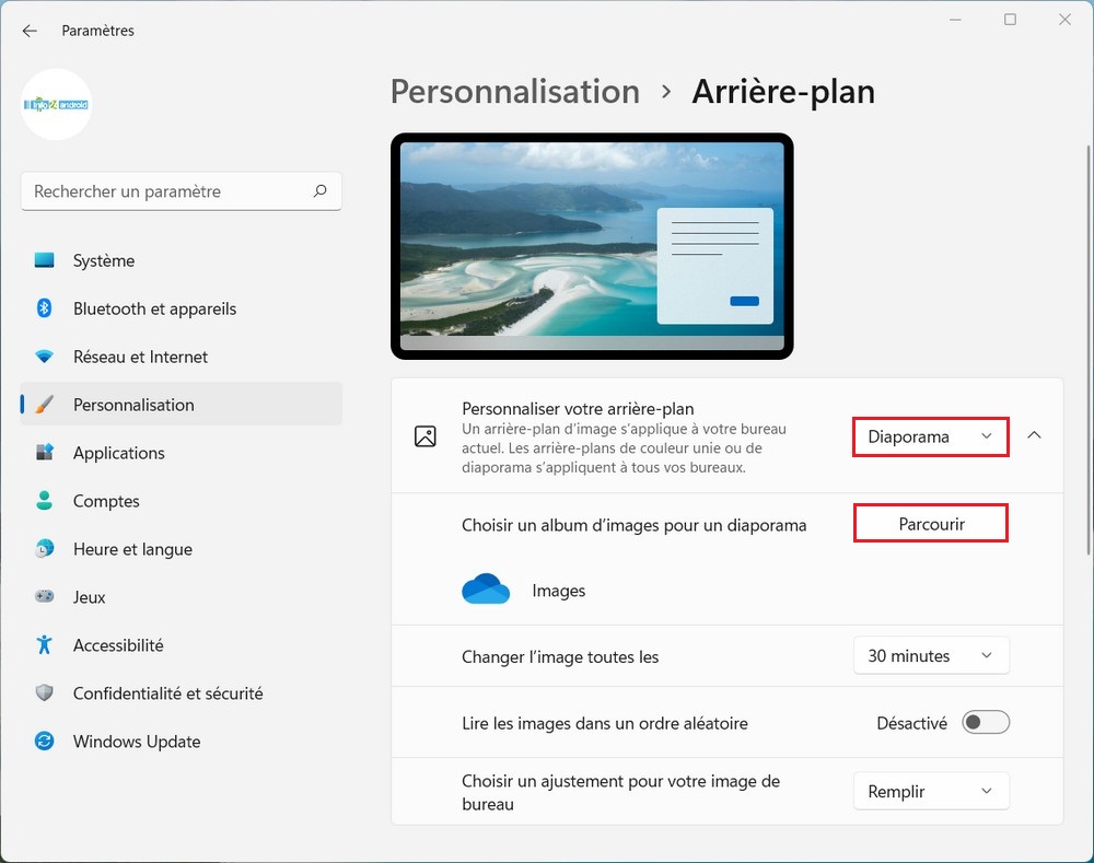 Changer les fonds d'écran avec le diaporama