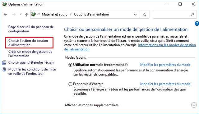 Choisir l'action du bouton d'alimentation