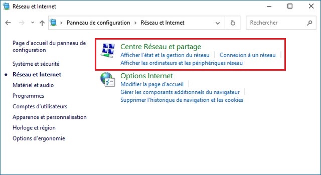 Cliquez sur Centre réseau et partage