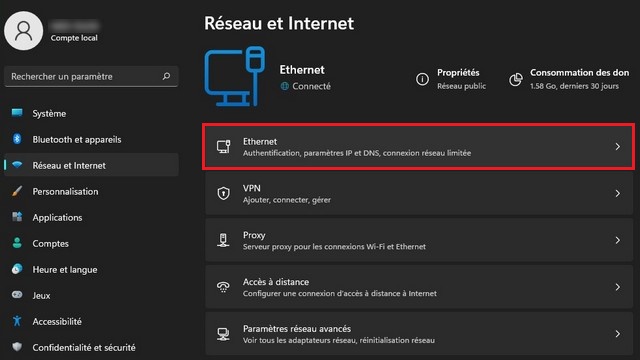 Cliquez sur Ethernet