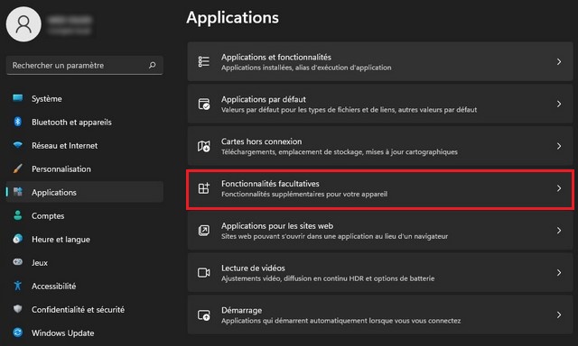 Cliquez sur Fonctionnalités facultatives