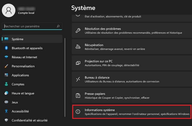 Cliquez sur Information système