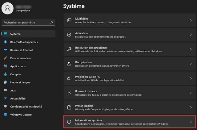 Cliquez sur Informations système