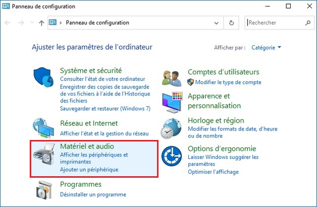 Cliquez sur Matériel et audio