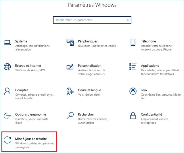 Cliquez sur Mise à jour et sécurité