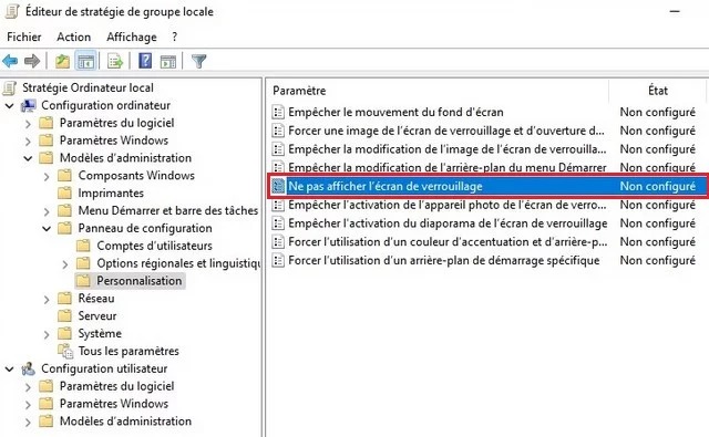 Cliquez sur Ne pas afficher l'écran de verrouillage