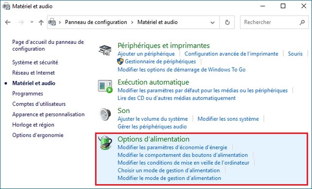 Cliquez sur Options d'alimentation