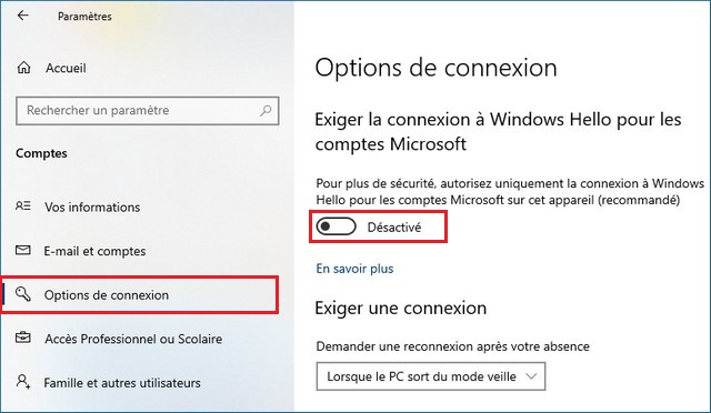 Cliquez sur Options de connexion