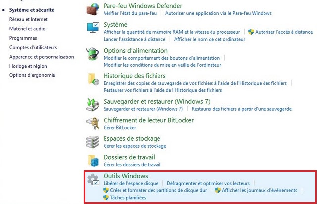 Cliquez sur Outils Windows