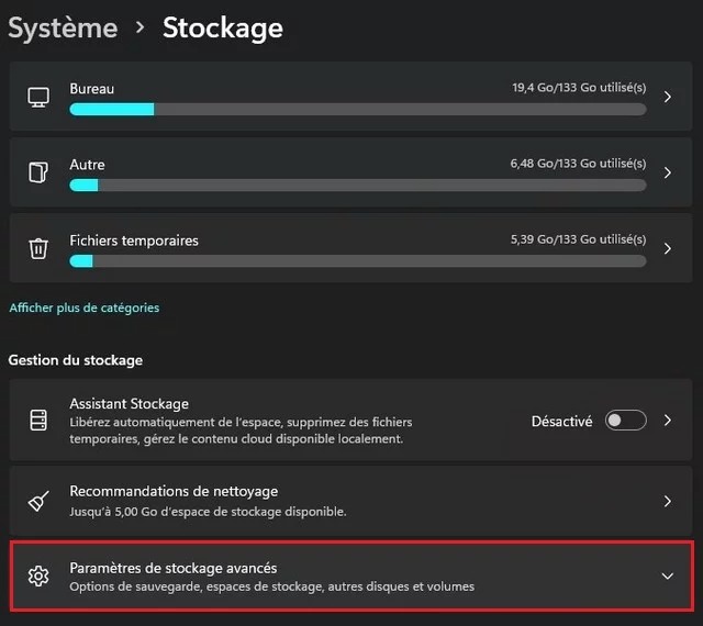 Cliquez sur Paramètres de stockage avancés