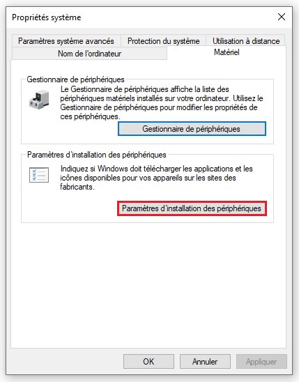Cliquez sur Paramètres d'installation des périphériques