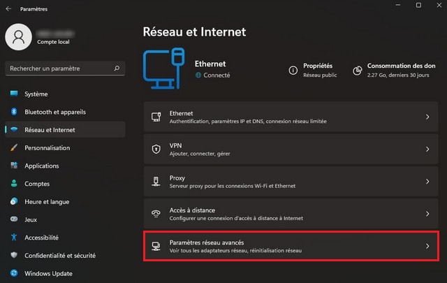 Cliquez sur Paramètres réseau avancés
