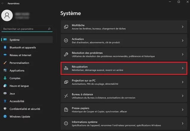 Cliquez sur Récupération