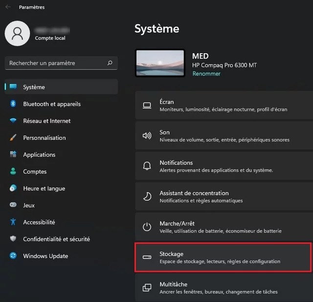 Cliquez sur Stockage