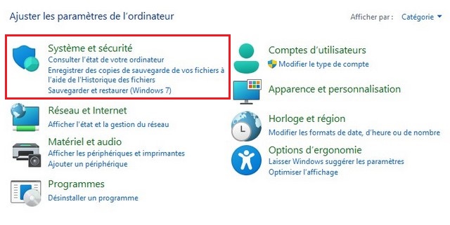 Cliquez sur Système et sécurité