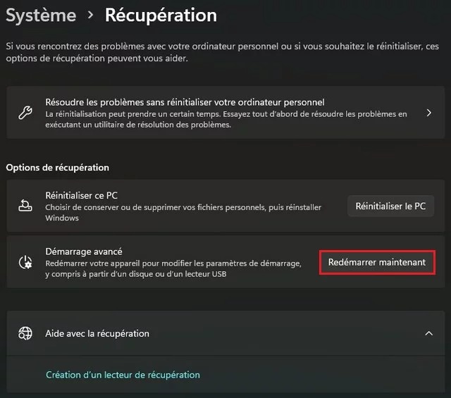Cliquez sur le bouton Redémarrer maintenant