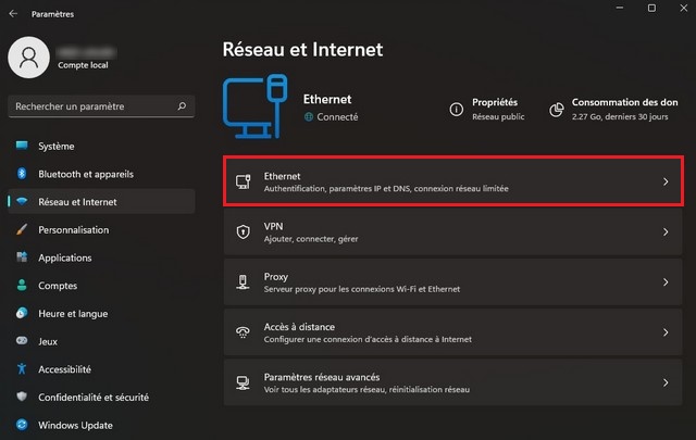 Cliquez sur l'onglet Ethernet