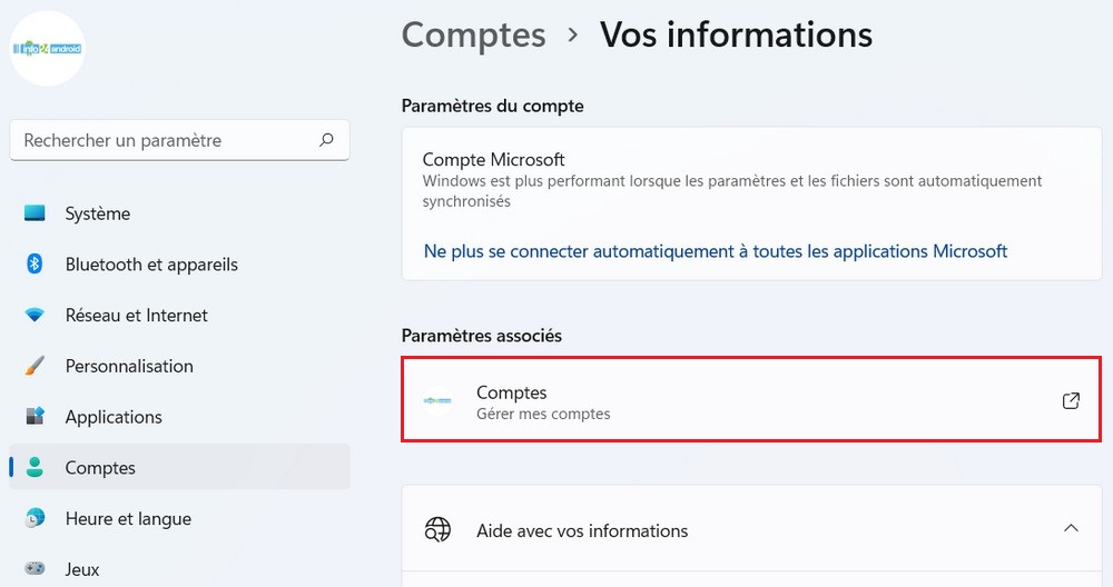 Cliquez sur l'option Comptes