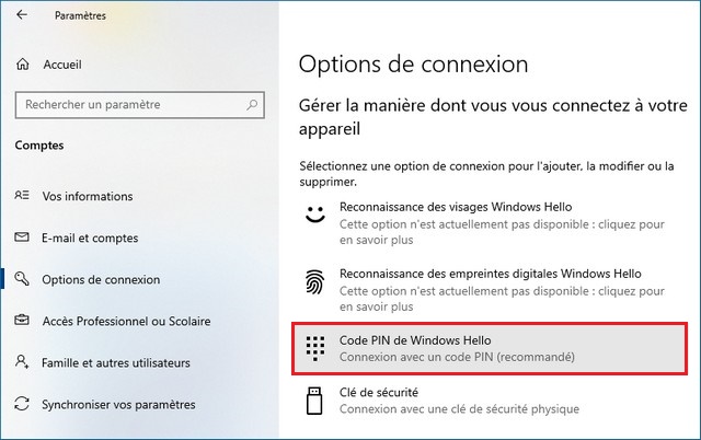 Code PIN de Windows Hello