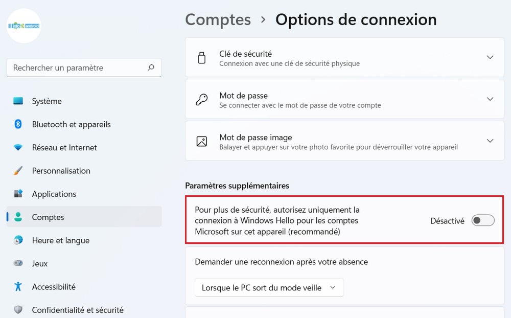 Désactiver la connexion Windows Hello pour les comptes Microsoft